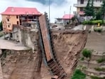 The bailey bridge that collapsed due to a landslide at Sangla in Kinnaur district on Saturday. (HT Photo)