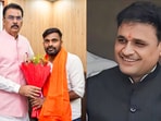 (L) Bihar BJP chief Sanjay Sarogi with the party's new candidate Neeraj Kumar Sinha, and BJP's Datia assembly bypoll candidate Ashutosh Tiwari (R).