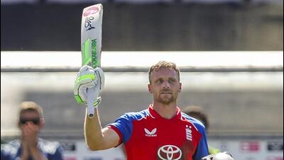 England's Jos Buttler celebrates his century during the 5th T20I against India, at The Rose Bowl ground in Southampton on Saturday. (ANI) England's Jos Buttler celebrates his century during the 5th T20I against India, at The Rose Bowl ground in Southampton on Saturday. (ANI)