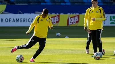 South Africa's midfielder #23 Jayden Adams kicks the ball during a training session at Carson Sports Park, Carson, south of Los Angeles on June 27, 2026. (AFP) South Africa's midfielder #23 Jayden Adams kicks the ball during a training session at Carson Sports Park, Carson, south of Los Angeles on June 27, 2026. (AFP)