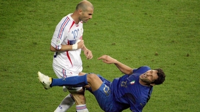 A photo taken on July 9, 2006 shows French midfielder Zinedine Zidane (left) gesturing after head-butting Italian defender Marco Materazzi during the World Cup 2006 final. (AFP)