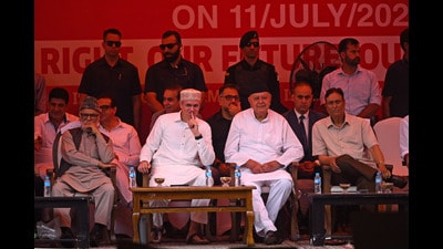 J&K CM Omar Abdullah, with NC president Farooq Abdullah during a convention, demanding the restoration of statehood in Srinagar on Saturday. (Waseem Andrabi/HT) J&K CM Omar Abdullah, with NC president Farooq Abdullah during a convention, demanding the restoration of statehood in Srinagar on Saturday. (Waseem Andrabi/HT)