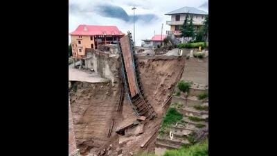 The bailey bridge that collapsed due to a landslide at Sangla in Kinnaur district on Saturday. (HT Photo) The bailey bridge that collapsed due to a landslide at Sangla in Kinnaur district on Saturday. (HT Photo)