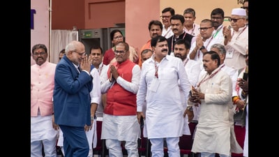 Vice-President CP Radhakrishnan exchanges greetings during the inauguration of two-day orientation and training programme for the members of the 18th state Legislative Assembly at the Bihar Institute of Public Administration and Rural Development (BIPARD) in Gaya on Saturday. (PTI) Vice-President CP Radhakrishnan exchanges greetings during the inauguration of two-day orientation and training programme for the members of the 18th state Legislative Assembly at the Bihar Institute of Public Administration and Rural Development (BIPARD) in Gaya on Saturday. (PTI)