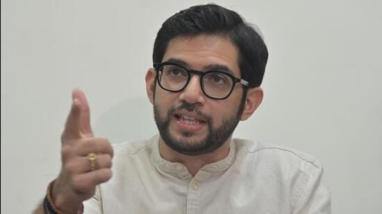 Mumbai, India - Oct 28, 2023 : Shivsena ( Uddhav Balasaheb Thackeray ) leader Aditya Thackeray interacts with Media at Matoshree, Bandra, in Mumbai, India, Saturday, Oct 28, 2023. (Photo by Vijay Bate/HT Photo)