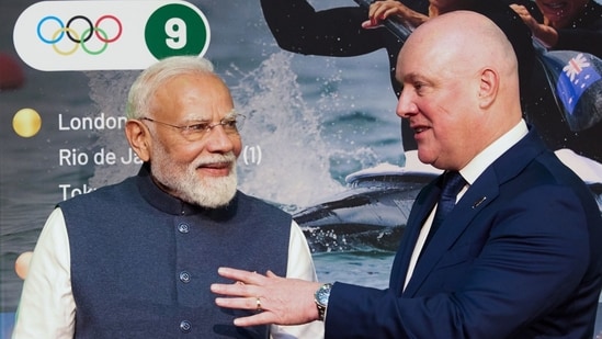 Prime Minister Narendra Modi with New Zealand Prime Minister Christopher Luxon during the India-New Zealand Business Event, in Auckland. (Bloomberg)
