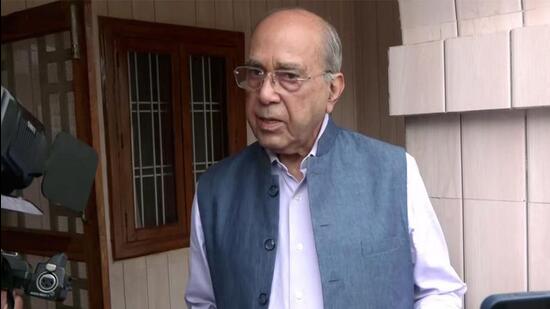Ram temple construction committee chairman Nripendra Misra speaks to the media in Ayodhya on Saturday. (ANI VIDEO GRAB)