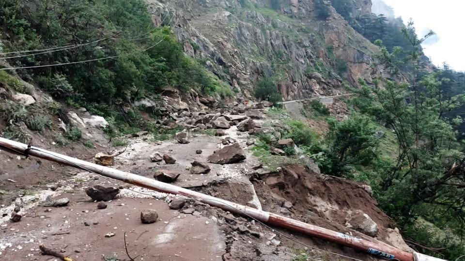 The Sangla-Chitkul road was closed following a landslide near Batseri village in Kinnaur district on Saturday. (HT Photo) The Sangla-Chitkul road was closed following a landslide near Batseri village in Kinnaur district on Saturday. (HT Photo)