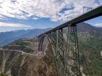 A view of the Chenab Rail Bridge in Reasi on Sunday.
