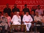 J&K CM Omar Abdullah, with NC president Farooq Abdullah during a convention, demanding the restoration of statehood in Srinagar on Saturday. (Waseem Andrabi/HT)