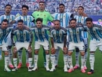 Argentina players pose for a team photo ahead of the World Cup quarterfinal soccer match against Switzerland in Kansas City, Mo., Saturday, July 11, 2026. (AP Photo/Charlie Riedel)