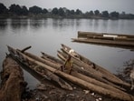 Wooden canoes on the banks of the Oubangui River in Bangui, Central African Republic.