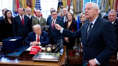 File photo of late US Senator Lindsey Graham (R), Republican of South Carolina, speaking to the press alongside US President Donald Trump, surrounded by members of Congress. (AFP) File photo of late US Senator Lindsey Graham (R), Republican of South Carolina, speaking to the press alongside US President Donald Trump, surrounded by members of Congress. (AFP)
