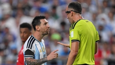 Lionel Messi #10 of Argentina speaks with referee Joao Pinheiro during the FIFA World Cup 2026 Quarter Final match between Argentina and Switzerland (Getty Images via AFP) Lionel Messi #10 of Argentina speaks with referee Joao Pinheiro during the FIFA World Cup 2026 Quarter Final match between Argentina and Switzerland (Getty Images via AFP)