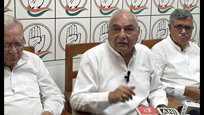 Former CM and leader of the Opposition Bhupinder Singh Hooda during a press conference in Rohtak on Sunday. (Manoj Dhaka/HT) Former CM and leader of the Opposition Bhupinder Singh Hooda during a press conference in Rohtak on Sunday. (Manoj Dhaka/HT)