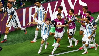 Argentina's Julian Alvarez celebrates scoring their second goal with teammates (REUTERS)