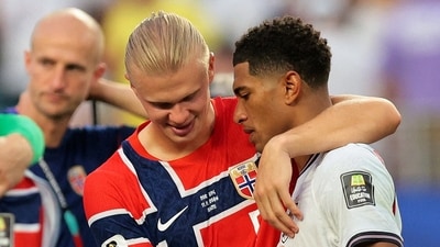 Norway's Erling Haaland and England's Jude Bellingham embrace after the hard-fought match in Miami. (IMAGN IMAGES via Reuters)