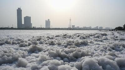 The river still remained polluted with sheets of toxic white foam seen at Kalindi Kunj Ghat on Sunday. (Ajay Aggarwal/HT Photo) The river still remained polluted with sheets of toxic white foam seen at Kalindi Kunj Ghat on Sunday. (Ajay Aggarwal/HT Photo)