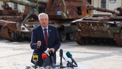 US Senator Lindsey Graham (R-SC) speaks to the media after his meeting with Ukraine's President Volodymyr Zelenskiy, in Kyiv (REUTERS)