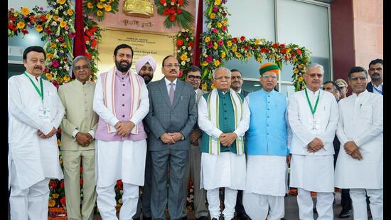 CJI Surya Kant, along with Haryana CM Nayab Saini, Union MoS (I/C) Arjun Ram Meghwal, and Union minister Manohar Lal Khattar, during the inauguration of the new judicial court complex in Gurugram on Sunday. (ANI)