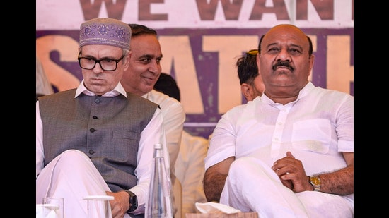 Jammu and Kashmir chief minister Omar Abdullah and deputy CM Surinder Choudhary during a public rally titled "Delhi Chalo! We Want Our Statehood", at Maharaja Hari Singh Park, in Jammu, on Sunday. (PTI)
