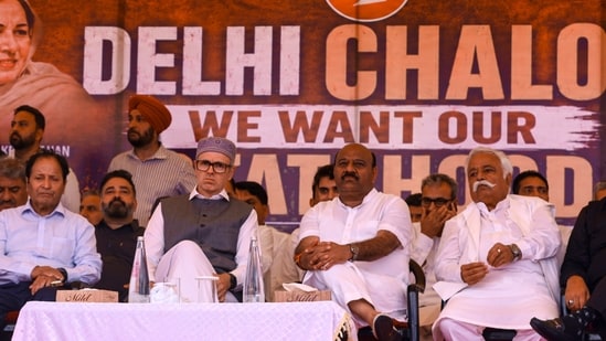 Jammu and Kashmir Chief Minister Omar Abdullah during the 'Delhi Chalo- We Want Our Statehood' rally, at Maharaja Hari Singh Park in Jammu, Sunday, July 12. (PTI)
