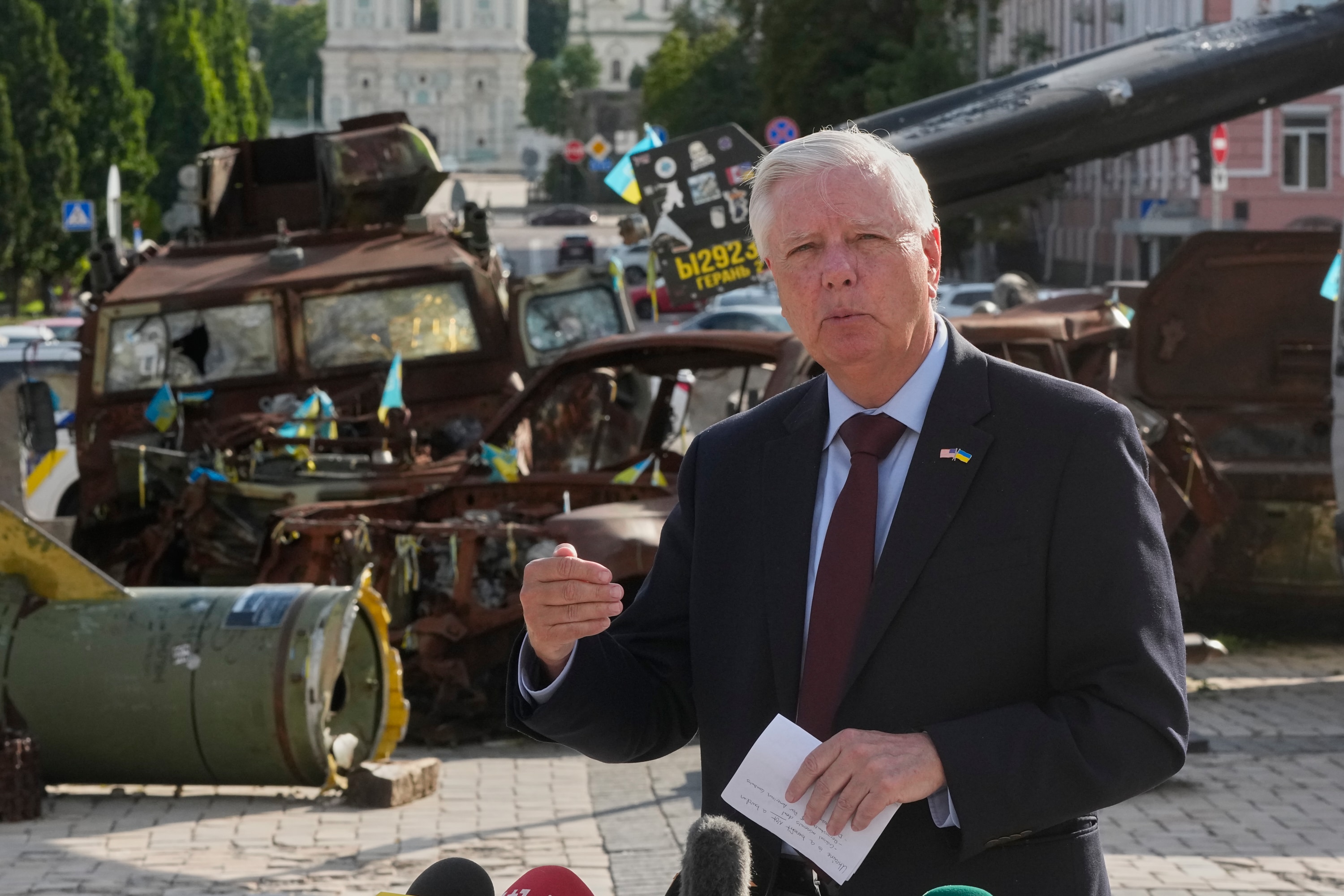 Sen. Lindsey Graham, answer media questions near damaged Russian vehicles exhibition in central Kyiv, Friday, July 10, 2026. (AP Photo) Sen. Lindsey Graham, answer media questions near damaged Russian vehicles exhibition in central Kyiv, Friday, July 10, 2026. (AP Photo)