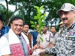 Assam chief minister Himanta Biswa Sarma being felicitated with a sapling during the state level drugs disposal programme at 14th Assam Police Battalion, in Nalbari on Sunday (@himantabiswa)