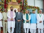 CJI Surya Kant, along with Haryana CM Nayab Saini, Union MoS (I/C) Arjun Ram Meghwal, and Union minister Manohar Lal Khattar, during the inauguration of the new judicial court complex in Gurugram on Sunday. (ANI)