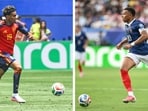 This combination of files photos created on July 12, 2026, shows Spain's forward #19 Lamine Yamal (L); and France's forward #10 Kylian Mbappe