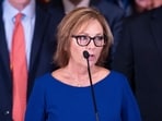 Newly appointed U.S. interim Senator, Darline Graham Nordone speaks to members of the press at the statehouse Monday, July 13.