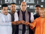 Defence minister Rajnath Singh, transport minister Nitin Gadkari and chief minister Yogi Adityanath jointly inaugurate Kanpur-Lucknow Expressway, in Unnao on Monday. (ANI Photo)