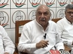 Former CM and leader of the Opposition Bhupinder Singh Hooda during a press conference in Rohtak on Sunday. (Manoj Dhaka/HT)