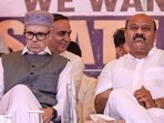 Jammu and Kashmir chief minister Omar Abdullah and deputy CM Surinder Choudhary during a public rally titled "Delhi Chalo! We Want Our Statehood", at Maharaja Hari Singh Park, in Jammu, on Sunday. (PTI)
