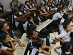 Mumbai, India – 16 Feb. 2018: Dharavi Kala Killa BMC School children and 20,000 students from BMC Schools in Mumbai listening to Prime Minister Shri Narendra Modi on various issues including fear of exams and motivating them to treat this as a Festival of Exams from Talkatora Stadium, was telecast to Digital Virtual Classrooms in BMC school , in Mumbai, India, on Friday, Feb 16, 2018. (Photo by Bhushan Koyande/HT)