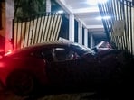 A Ferrari sports car rammed into the front gate of a Hill View apartment in Hyderabad's Film Nagar; a probe is currently underway 