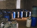The illegal fuel storage and adulteration unit at the house near Malihabad. (HT PHOTO)