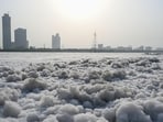 The river still remained polluted with sheets of toxic white foam seen at Kalindi Kunj Ghat on Sunday. (Ajay Aggarwal/HT Photo)