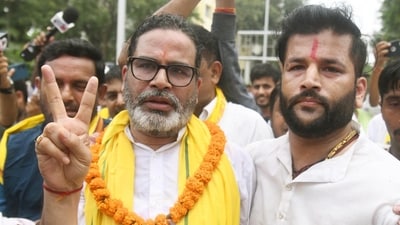 Jan Suraaj Party candidate Prashant Kishore flashing victory sign after filling his nomination for Bankipur By-Election at Collectorate in Patna, Bihar, India, Monday,Juiy,13, 2026. (Santosh Kumar/ Hindustan Times)