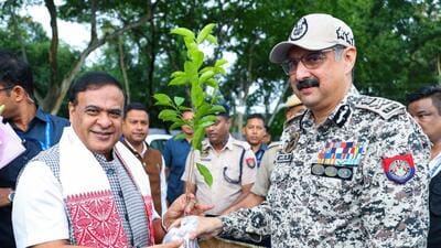 Assam chief minister Himanta Biswa Sarma being felicitated with a sapling during the state level drugs disposal programme at 14th Assam Police Battalion, in Nalbari on Sunday (@himantabiswa)