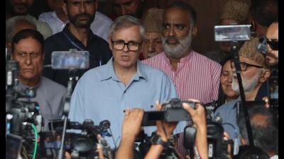 Jammu and Kashmir chief minister Omar Abdullah talking to media at the party headquarters in Srinagar, on Monday. (Waseem Andrabi/HT) Jammu and Kashmir chief minister Omar Abdullah talking to media at the party headquarters in Srinagar, on Monday. (Waseem Andrabi/HT)