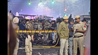 Security personnel at the spot after an explosion in a car near the Red Fort last year. (HT Archive) Security personnel at the spot after an explosion in a car near the Red Fort last year. (HT Archive)