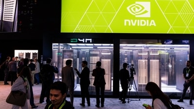 Nvidia stacks display at Nvidia GTC in San Jose, Calif., earlier this year.