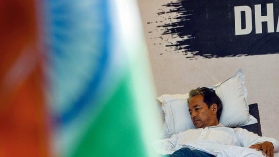 Environmentalist Sonam Wangchuk on the 16th day of his hunger strike supporting the Cockroach Janata Party (CJP) campaign seeking the resignation of Union Education Minister Dharmendra Pradhan.