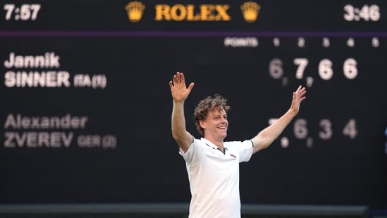 Jannik Sinner of Italy reacts to winning against Alexander Zverev of Germany in the men's singles final at Wimbledon Tennis Championships in London (AP Photo/Kirsty Wigglesworth)