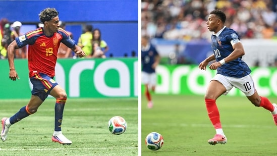 This combination of files photos created on July 12, 2026, shows Spain's forward #19 Lamine Yamal (L); and France's forward #10 Kylian Mbappe(AFP)