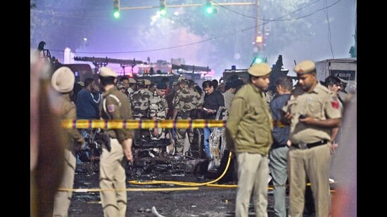 Security personnel at the spot after an explosion in a car near the Red Fort last year. (HT Archive)