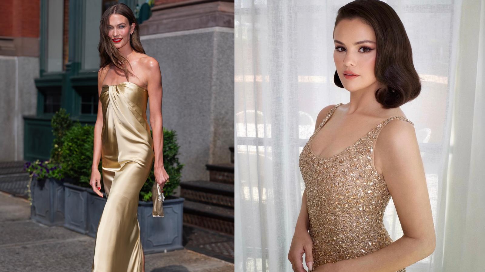 Karlie Kloss (left) and Selena Gomez wore striking gold ensembles at Taylor Swift's recent wedding celebrations. (Instagram) Karlie Kloss (left) and Selena Gomez wore striking gold ensembles at Taylor Swift's recent wedding celebrations. (Instagram)