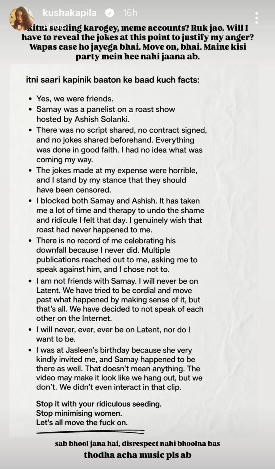Kusha posted a detailed note on her Instagram Stories. Kusha posted a detailed note on her Instagram Stories.