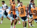 Argentina's Leandro Paredes, Rodrigo De Paul and Lionel Messi during training at Atlanta United Training Centre, Marietta, Georgia. (REUTERS)